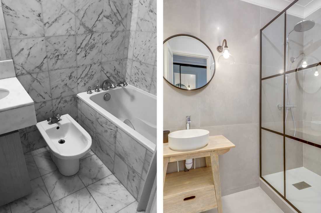 Avant - après : Rénovation d'une salle de bain par un architecte d'intérieur dans l'Hérault
