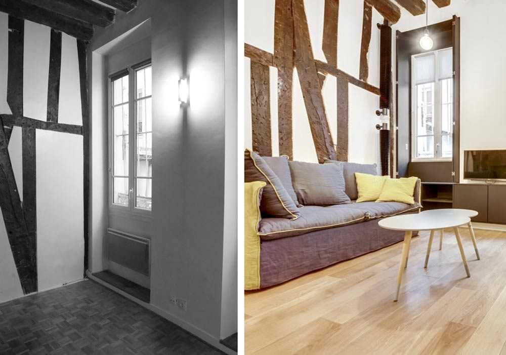 Photos avant - après : rénovation du salon d'un appartement parisien ancien